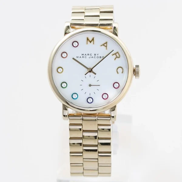 510100KWA560632-GOLD-774177_2a2b00ce-c930-4d53-bf88-fb767390a254 Marc Jacobs Baker White Dial Gold Steel Strap Watch for Women - MBM3440