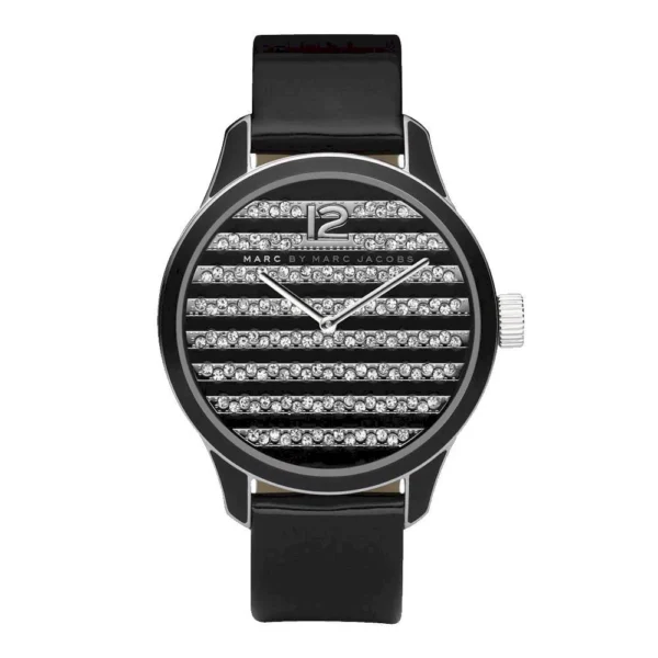 5f35ae34-45c9-43d0-bd9c-9c70341f3745 Marc Jacobs Lidia Stripe Glitz Black Dial Black Leather Strap Watch for Women - MBM1166