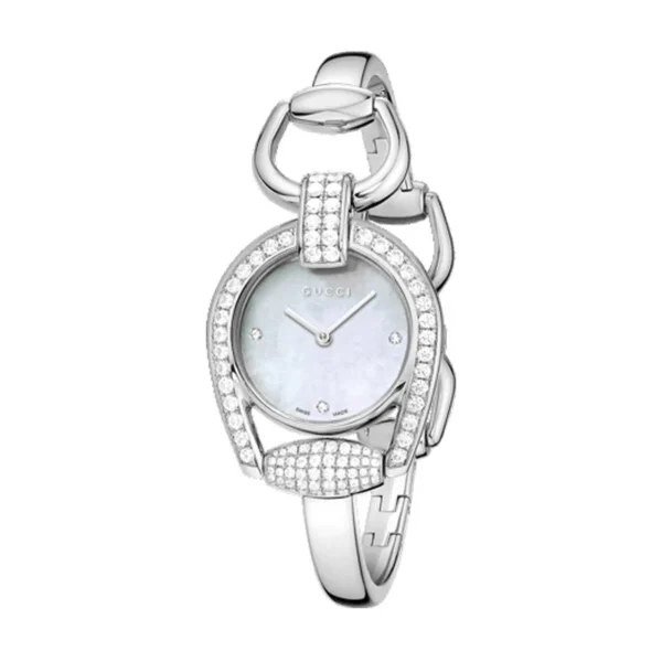 6021 Gucci Horsebit Collection Diamonds Mother of Pearl Dial Silver Steel Strap Watch For Women - YA139505