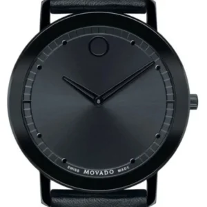Movado Sapphire Black Dial Black Leather Strap Watch for Men - 606884