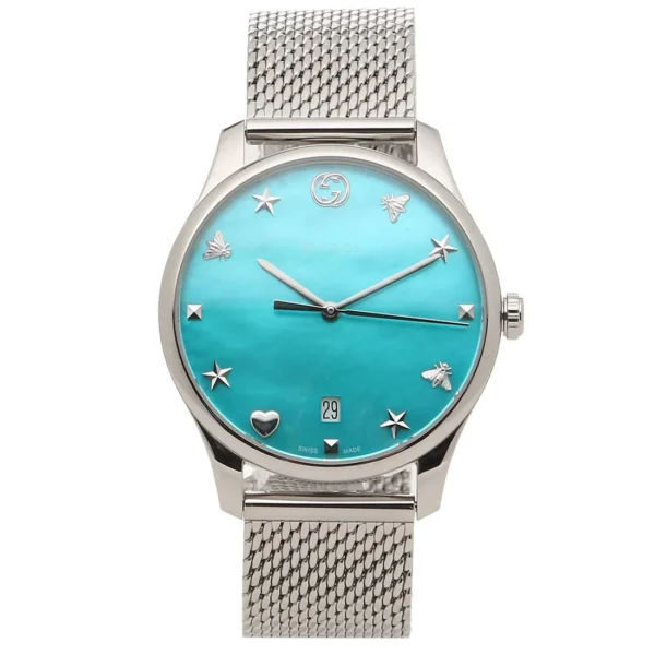 61drBqPCzFL-280468_c0c4711d-37a6-46de-bb20-2a835f781d51 Gucci G-Timeless Turquiose Mother of Pearl Dial Silver Mesh Bracelet Watch For Women - YA1264039