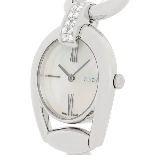 6d12c2c2-62e7-43c5-aa1e-1072fd14344f_1.728518026372362a4fda57e3fa08ef1b Gucci Horsebit Collection Diamonds Mother of Pearl White Dial Silver Steel Strap Watch For Women - YA139504