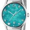 731903407268_1-251977_04e1bb22-ede5-42ed-ad2f-0fdd46d2e4f9 Gucci G-Timeless Turquiose Mother of Pearl Dial Silver Mesh Bracelet Watch For Women - YA1264039