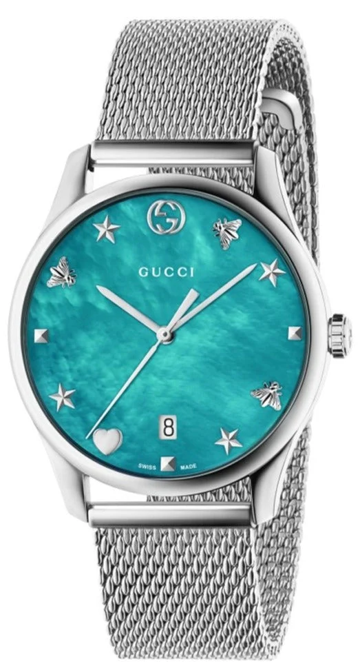 731903407268_1-251977_04e1bb22-ede5-42ed-ad2f-0fdd46d2e4f9 Gucci G-Timeless Turquiose Mother of Pearl Dial Silver Mesh Bracelet Watch For Women - YA1264039