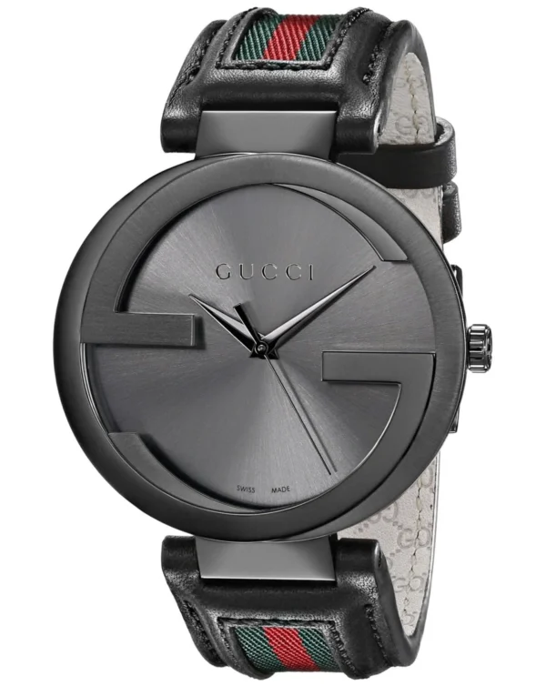 Gucci Interlocking G XL Black Dial Red & Green Leather Strap Watch For Men - YA133206