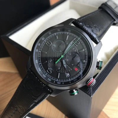 Gucci G Timeless Chronograph Black Dial Black Leather Strap Watch For Men - YA126244