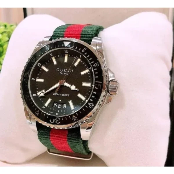 946904b240ad801e2028f9e12c2273f2-457910 Gucci Dive Black Dial Two Tone NATO Strap Watch For Men - YA136206