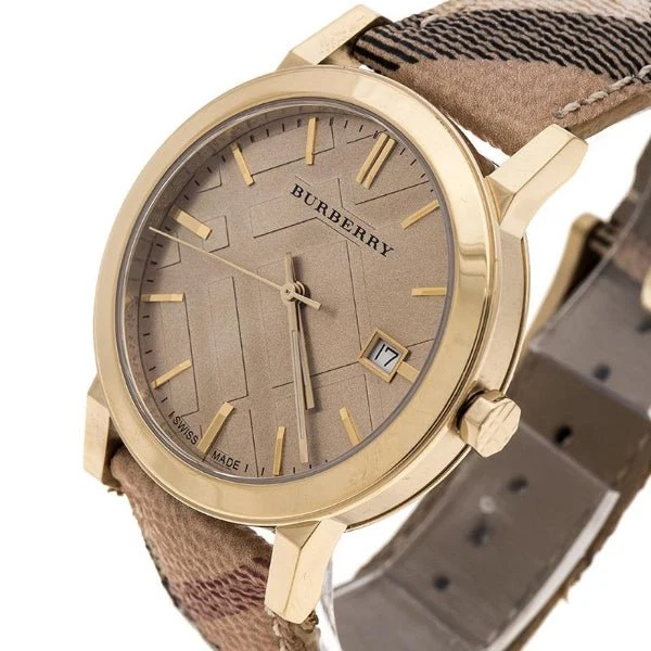 Burberry The City Gold Dial Haymarket Brown Leather Strap Watch for Women - BU9026