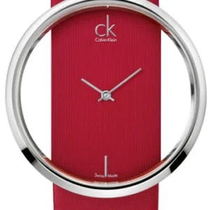 CALVIN_KLEIN_Glam_K9423144 Calvin Klein Glam Transparent Dial Red Leather Strap Watch for Women - K9423144