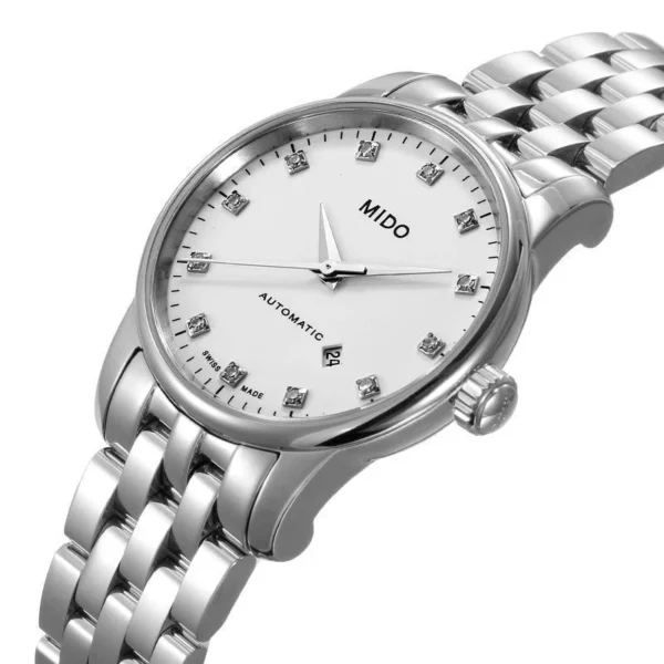 GLJbzYLwd8TTwL0wrqtbEA_fd873d5d-114e-440e-acf9-983544e4bfd4 Mido Baroncelli III Automatic Diamonds White Dial Silver Steel Strap Watch For Women - M7600.4.66.1