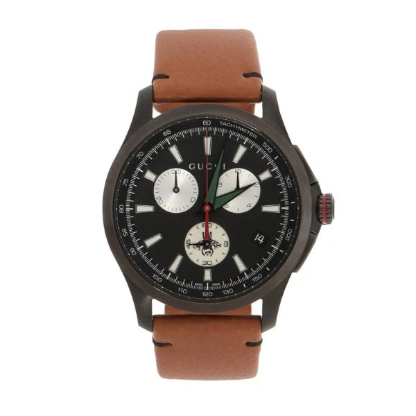 GUCCIYA1262711-639436_3fafeb2e-37c6-44bf-97a2-d403045513a2 Gucci G-Timeless Chronograph Black Dial Brown Leather Strap Watch For Men - YA126271
