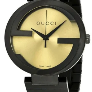 GUCCIYA133209_4444aa3a-39df-481f-b77f-10915ef65115 Gucci Interlocking Grammy XL Gold Dial Black Steel Strap Watch for Men - YA133209