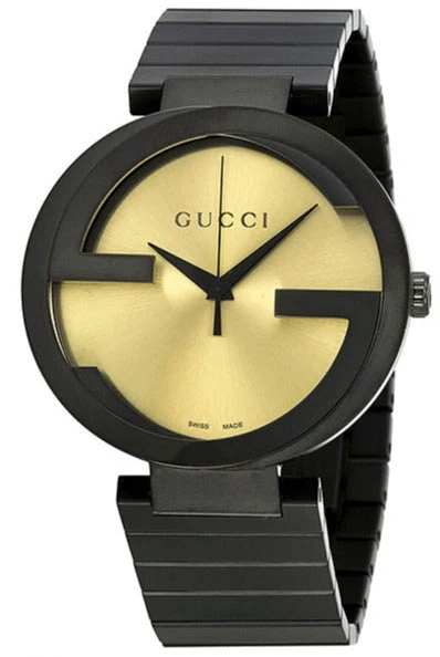 GUCCIYA133209_4444aa3a-39df-481f-b77f-10915ef65115 Gucci Interlocking Grammy XL Gold Dial Black Steel Strap Watch for Men - YA133209