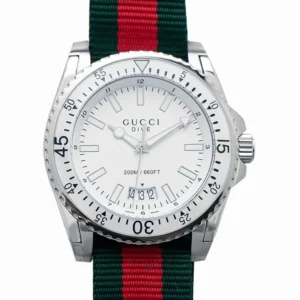 Gucci-Dive-YA136207-857821 Gucci Dive White Dial Red & Green Nylon Strap Watch For Men - YA136207