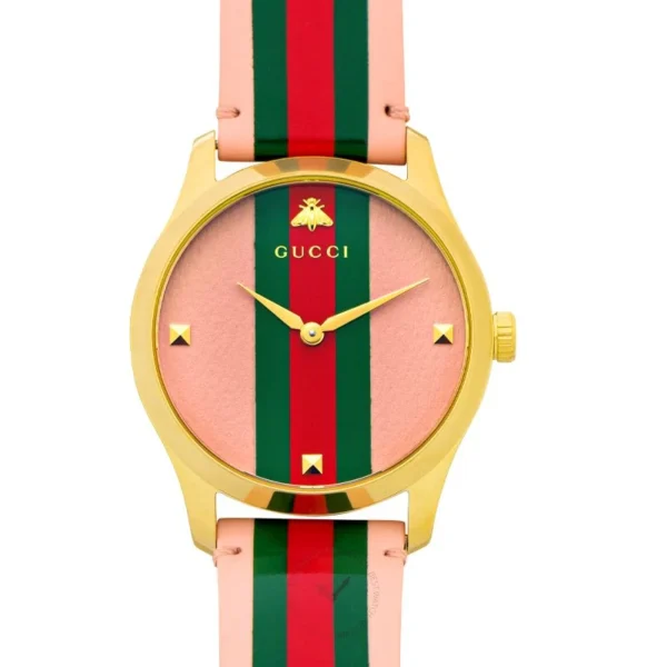 Gucci G Timeless Quartz Pink Dial Three Tone Leather Strap Watch For Women - YA1264118