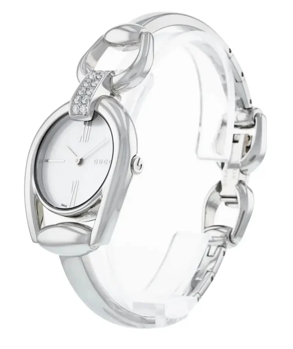 Gucci-Horsebit-YA139504-135651-3-190417-102556 Gucci Horsebit Collection Diamonds Mother of Pearl White Dial Silver Steel Strap Watch For Women - YA139504