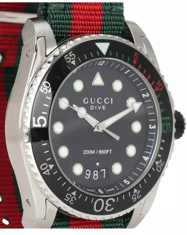 Gucci Dive Black Dial Red & Green Nylon Strap Watch For Men - YA136209