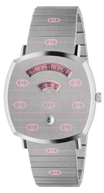 MONACO-Gucci-Timepieces-Grip-YA157438_000 Steel case with green and red dial and chronograph function, 2 windows indicating hours and minutes, green and red Web nylon strap Case Size 40 mm Sapphire glass with antireflective coating Strap contains recycled polyester that reuse waste or byproducts, reducing the environmental footprint associated with new fossil fuel-based material. 3 ATM (100 feet/30 meters) Quartz movement Wrist size from 6.2" to 8" YA157304 Swiss Made