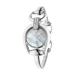 Monaco-Gucci-Horsebit-YA139504_001 Gucci Horsebit Collection Diamonds Mother of Pearl White Dial Silver Steel Strap Watch For Women - YA139504