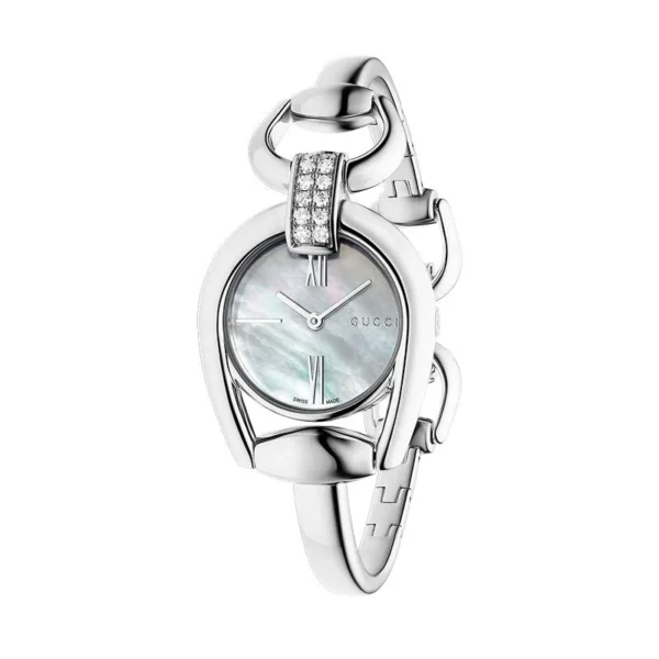 Monaco-Gucci-Horsebit-YA139504_001 Gucci Horsebit Collection Diamonds Mother of Pearl White Dial Silver Steel Strap Watch For Women - YA139504