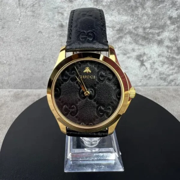 PREORDER-Gucci-G-Timeless-Gold-Black-Leather-Strap-Unisex Gucci G Timeless Quartz Black Dial Black Leather Strap Watch For Women - YA1264034A