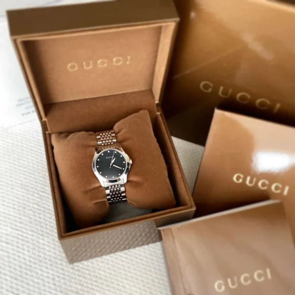 Gucci G Timeless Diamonds Mother of Pearl Black Dial Silver Steel Strap Watch For Women - YA126505
