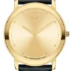 Movado Sapphire Gold Dial Black Leather Strap Watch For Men - 606883