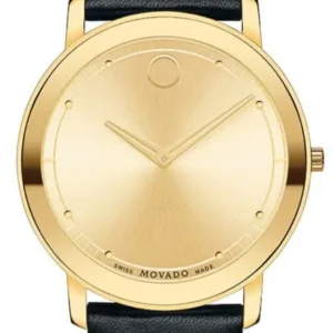Movado Sapphire Gold Dial Black Leather Strap Watch For Men - 606883