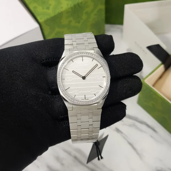 WhatsApp-Image-2023-06-08-at-13.47.34 Gucci 25H Quartz Diamonds Silver Dial Silver Steel Strap Watch for Women - YA163401
