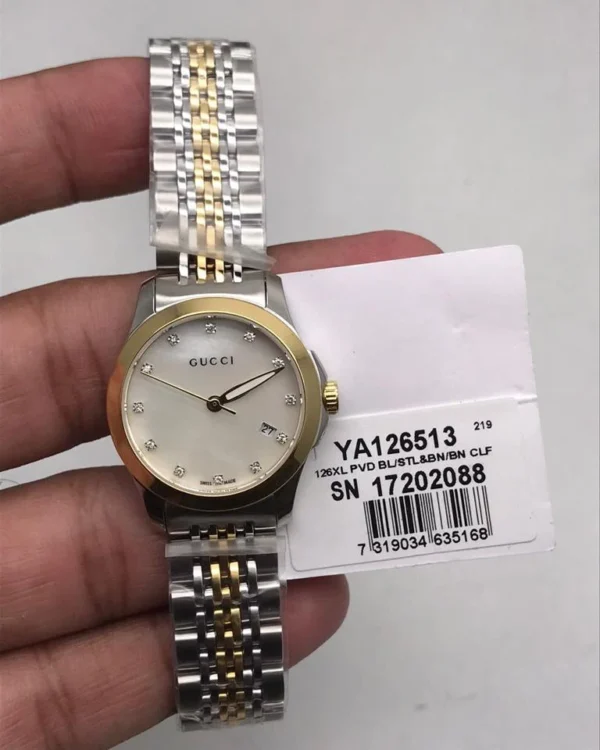 WhatsAppImage2022-07-04at1.44.40PM Gucci G Timeless Diamonds Mother of Pearl Dial Two Tone Mesh Bracelet Watch for Women - YA126513