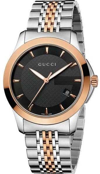 YA-126410-1-513718 Gucci G Timeless Black Dial Two Tone Steel Strap Watch For Men - YA126410