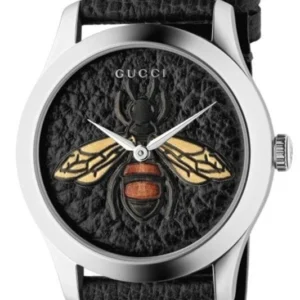 Gucci G Timeless Bee Black Dial Black Leather Strap Watch For Women - YA1264067