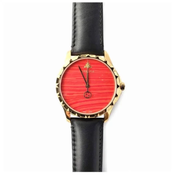 YA126464-6-573634 Gucci G Timeless Coral Red Dial Black Leather Strap Watch For Men - YA126464