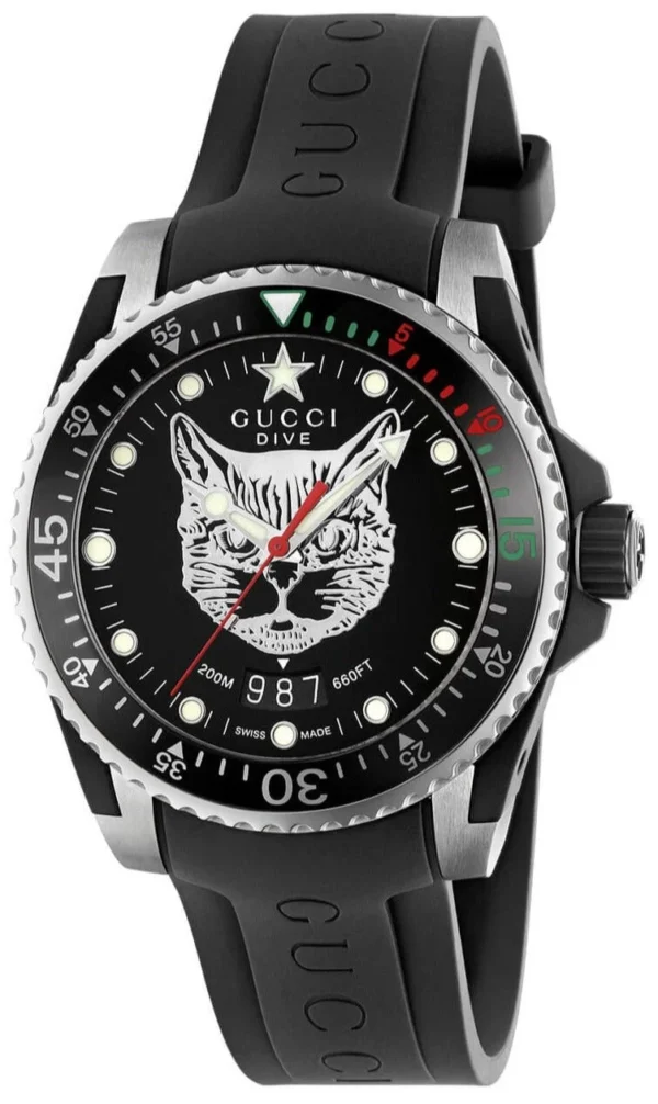 YA136320_001 Gucci Dive Feline Black Dial Black Rubber Strap Watch For Men - YA136323