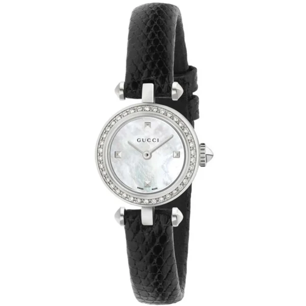 YA141511__50127.1550647346 Gucci Diamantissima Diamonds Mother of Pearl Dial Black Leather Strap Watch For Women - YA141511