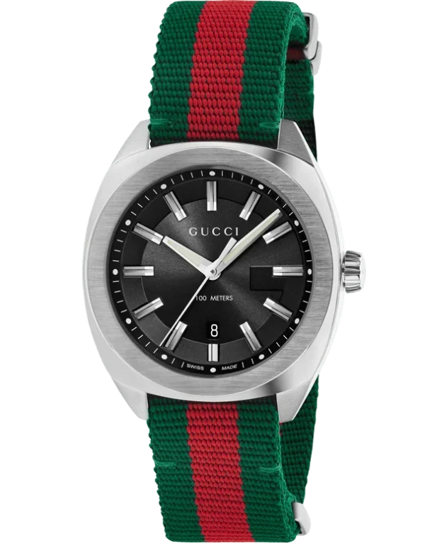 Gucci GG2570 Quartz Black Dial Green & Red Nylon Strap Watch For Men - YA142305