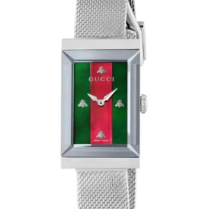YA147401-1-788169_8a4eb50a-672b-4bdc-a4c8-58c972476041 Gucci G Frame Red and Green Dial Silver Mesh Bracelet Watch For Women - YA147401