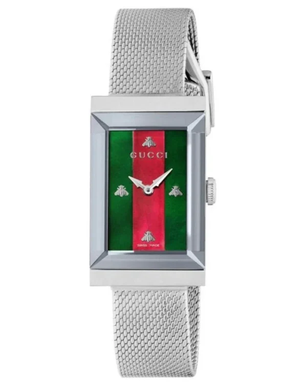 YA147401-1-788169_8a4eb50a-672b-4bdc-a4c8-58c972476041 Gucci G Frame Red and Green Dial Silver Mesh Bracelet Watch For Women - YA147401