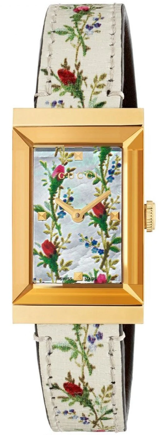 YA147407-894560_f6eb76ec-a2dd-4a35-9ddf-77db1c306c8c Gucci G-Frame Floral Mother of Pearl Dial White Leather Strap Watch For Women - YA147407