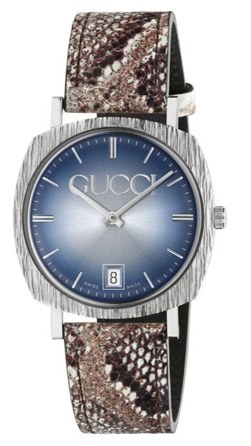 YA152401-1-179703 Gucci Grip Vintage Blue Dial Snakeskin Brown Leather Strap Watch for Women - YA152401