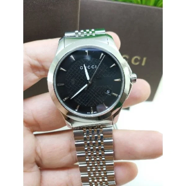 Gucci G Timeless Black Dial Silver Steel Strap Watch For Men - YA126402