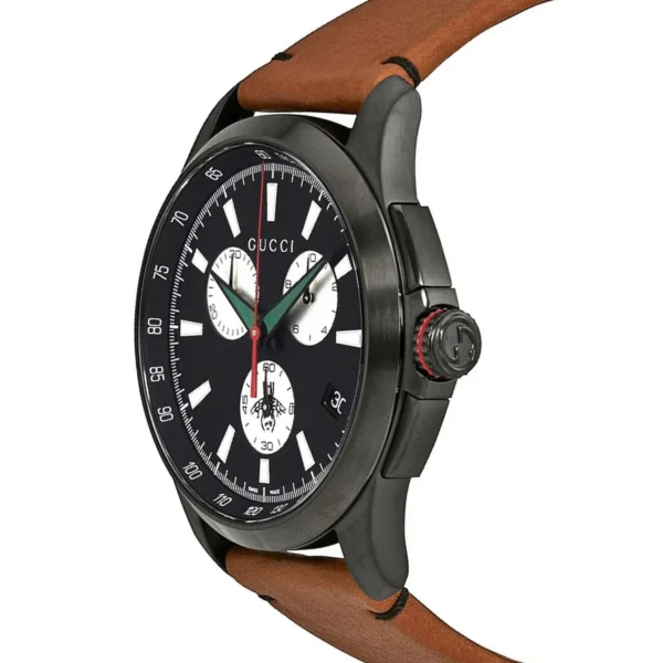 b6ea9b89-ceca-4c0b-abe8-37e71a8ca03b_88a4e1aa-3079-444d-843d-c18aa6b42ebd Gucci G-Timeless Chronograph Black Dial Brown Leather Strap Watch For Men - YA126271