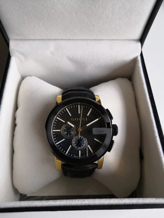 Gucci G Chrono Black Dial Black Leather Strap Watch For Men - YA101203