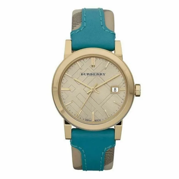 Burberry Heritage Gold Dial Blue Leather Strap Watch for Women - BU9112