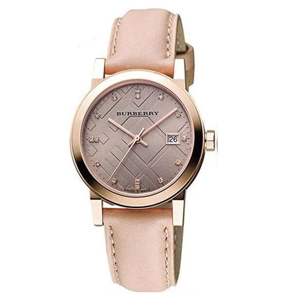 cats-3-309055 Burberry The City Diamonds Gold Dial Beige Leather Strap Watch for Women - BU9131