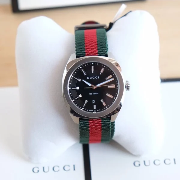 Gucci GG2570 Quartz Black Dial Green & Red Nylon Strap Watch For Men - YA142305