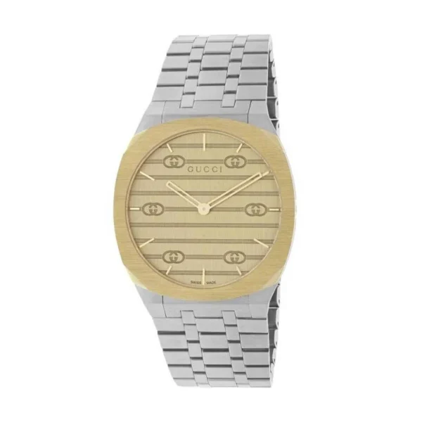 gucci-25h-34mm-ya163403_229b5cfc-5ce9-424a-a513-1db8596b19d1 Gucci 25H Quartz Gold Dial Silver Steel Strap Watch for Women - YA163403
