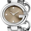 gucci-YA134503 Gucci Guccissima Quartz Diamonds Brown Dial Silver Steel Strap Watch For Women - YA134503
