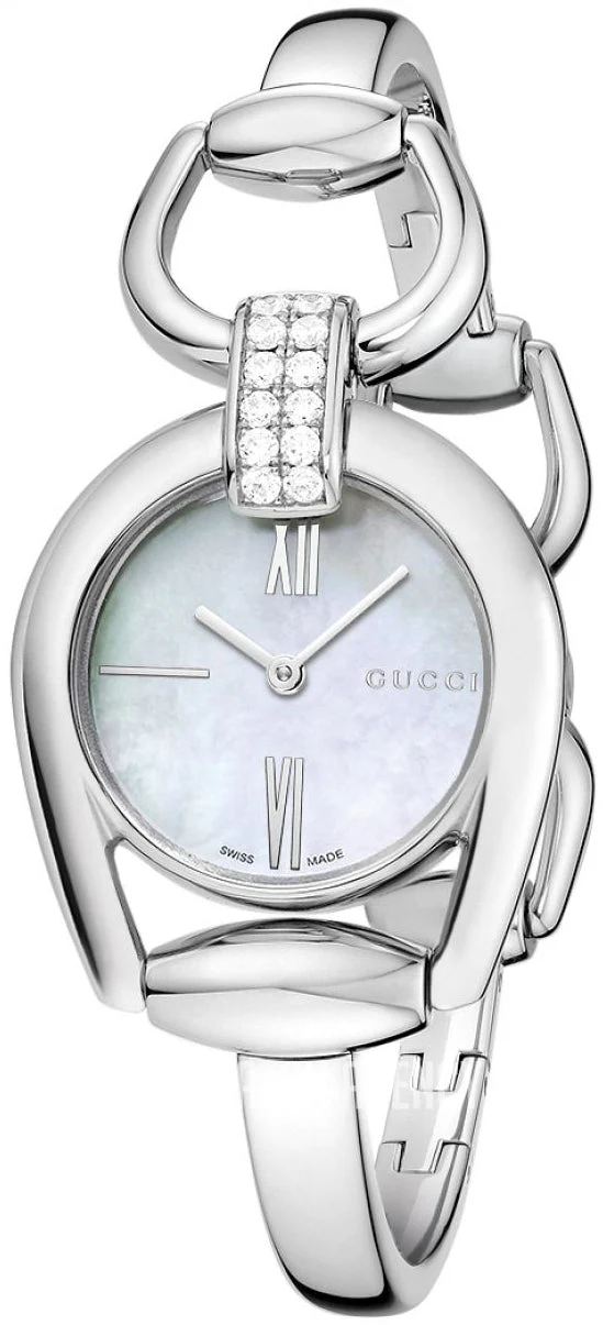 gucci-YA139504 Gucci Horsebit Collection Diamonds Mother of Pearl White Dial Silver Steel Strap Watch For Women - YA139504