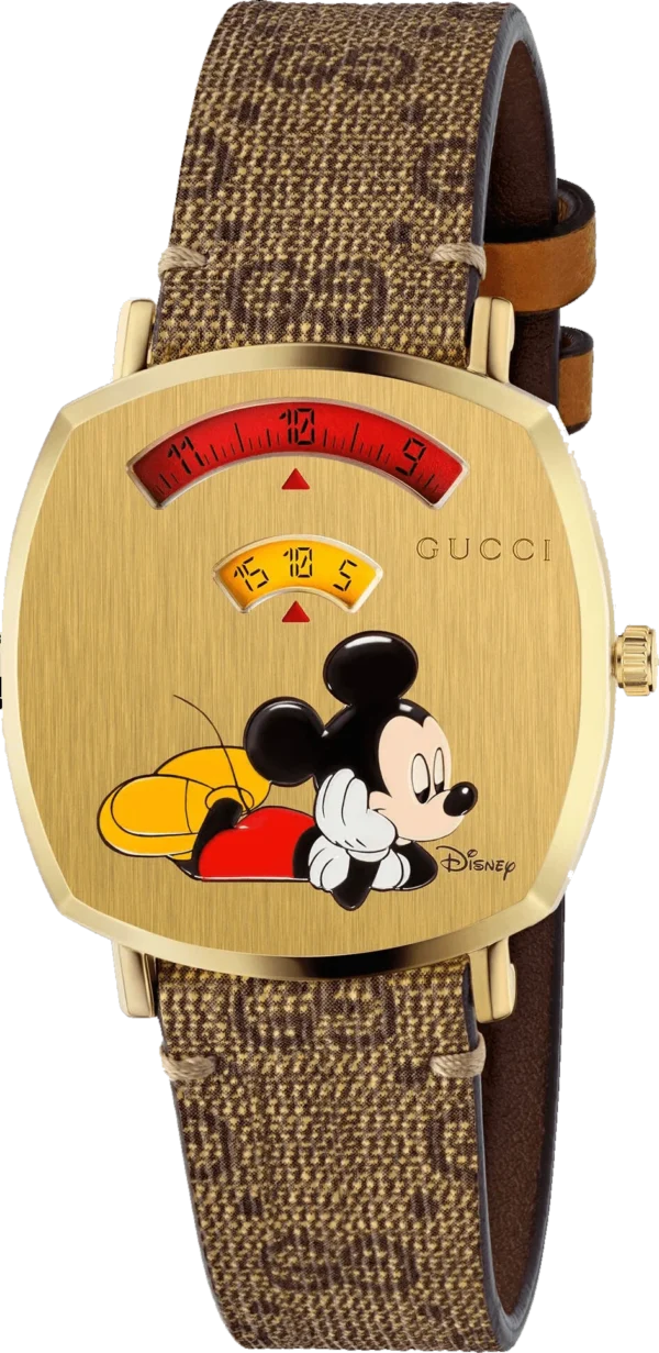 gucci-disney-x-grip-watch-35mm1_9cfc6f8a-dbd3-42e5-ada7-8b76ec3b5d7b Gucci Grip Disney Mickey Mouse Gold Dial Brown Leather Strap Watch For Women - YA157420